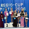 Gymnastinnen und Trainerinnen posieren gemeinsam auf einem Podest.